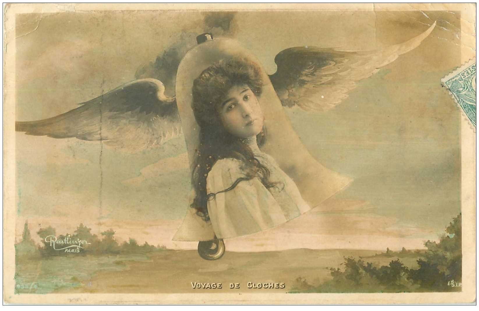 carte postale ancienne FEMMES. Voyage de Cloches ange par Reutlinger 1906
