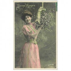 carte postale ancienne SUPERBE FEMME. Bonne Année avec une belle chevelure et du gui 1907