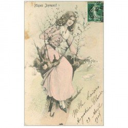 carte postale ancienne SUPERBE FEMME. Perché sur un arbre pour des Pques Joyeuses 1908 pour Fontainebleau