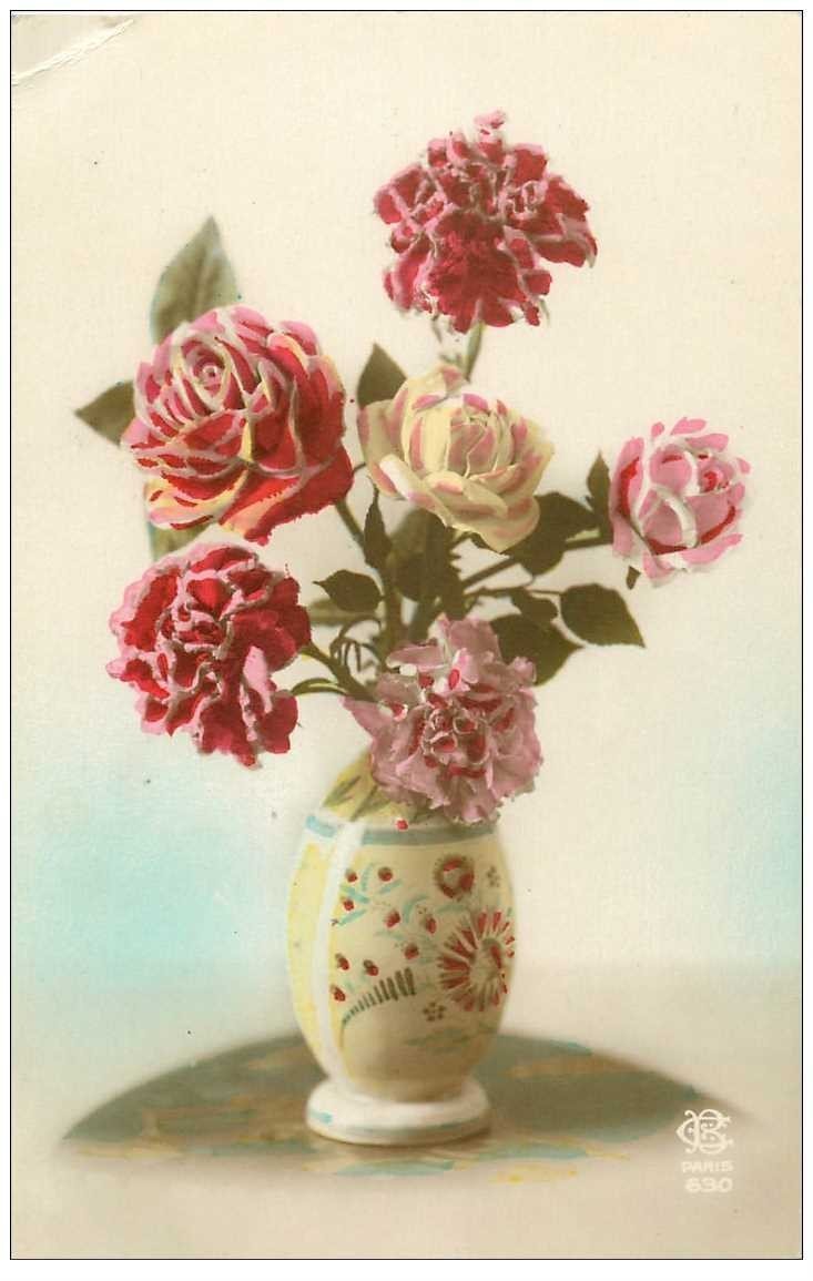 Fleurs Bouquet De Roses Et Oeillets Avec Vase 1923