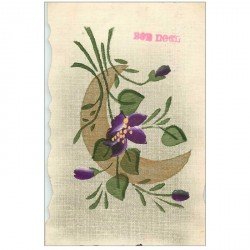 carte postale ancienne FLEURS. Carte peinte à la main avec jolie fleur et la Lune Bon Noël