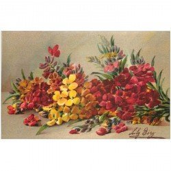 carte postale ancienne FLEURS. Illustrateur Lily Giry carte toilée n° 100 Giroflée jaune et brune