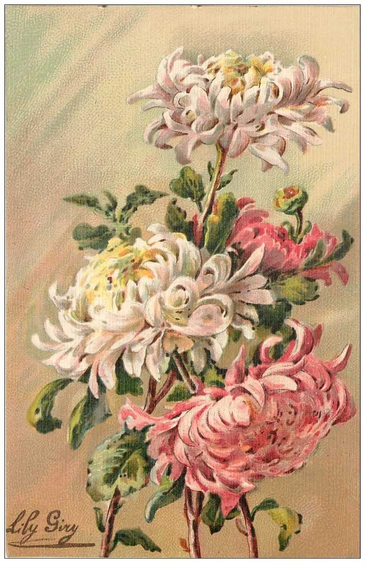 carte postale ancienne FLEURS. Illustrateur Lily Giry carte toilée n° 94 Mme Gustave Henry et Mme Albert Suzanne