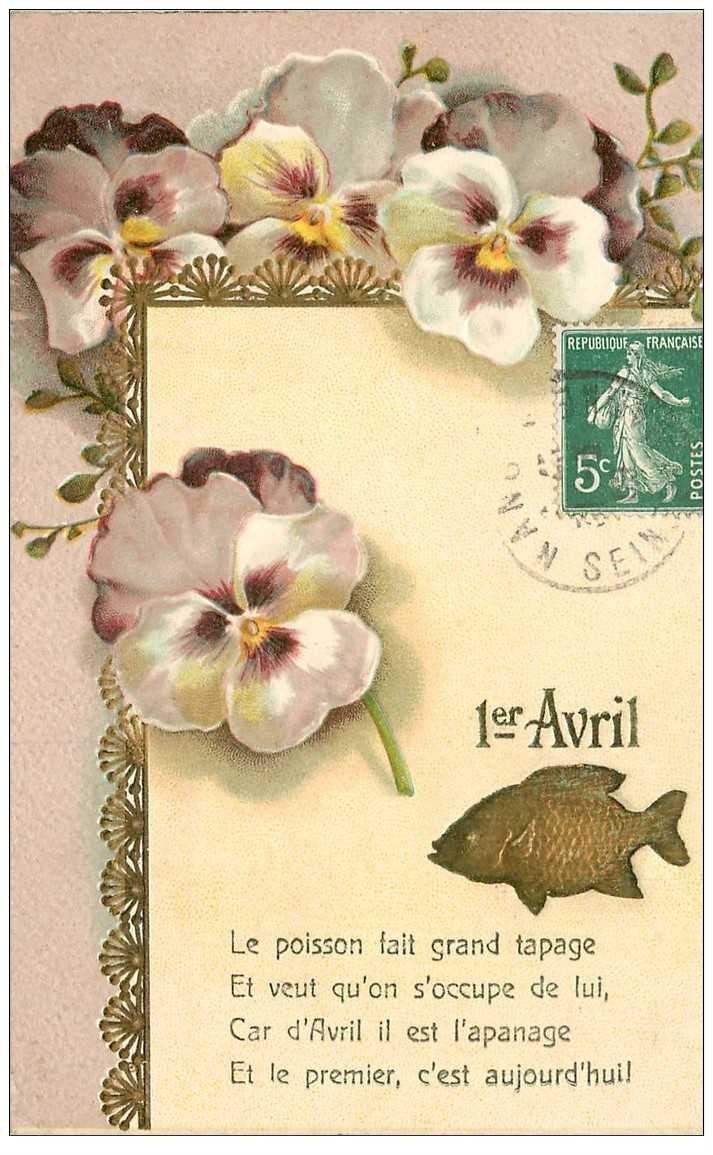 carte postale ancienne FLEURS. Sans Soucis et Poisson 1er Avril 1909