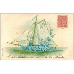 carte postale ancienne FLEURS. Superbe bateau fait de Fleurs 1904 finement gauffrée