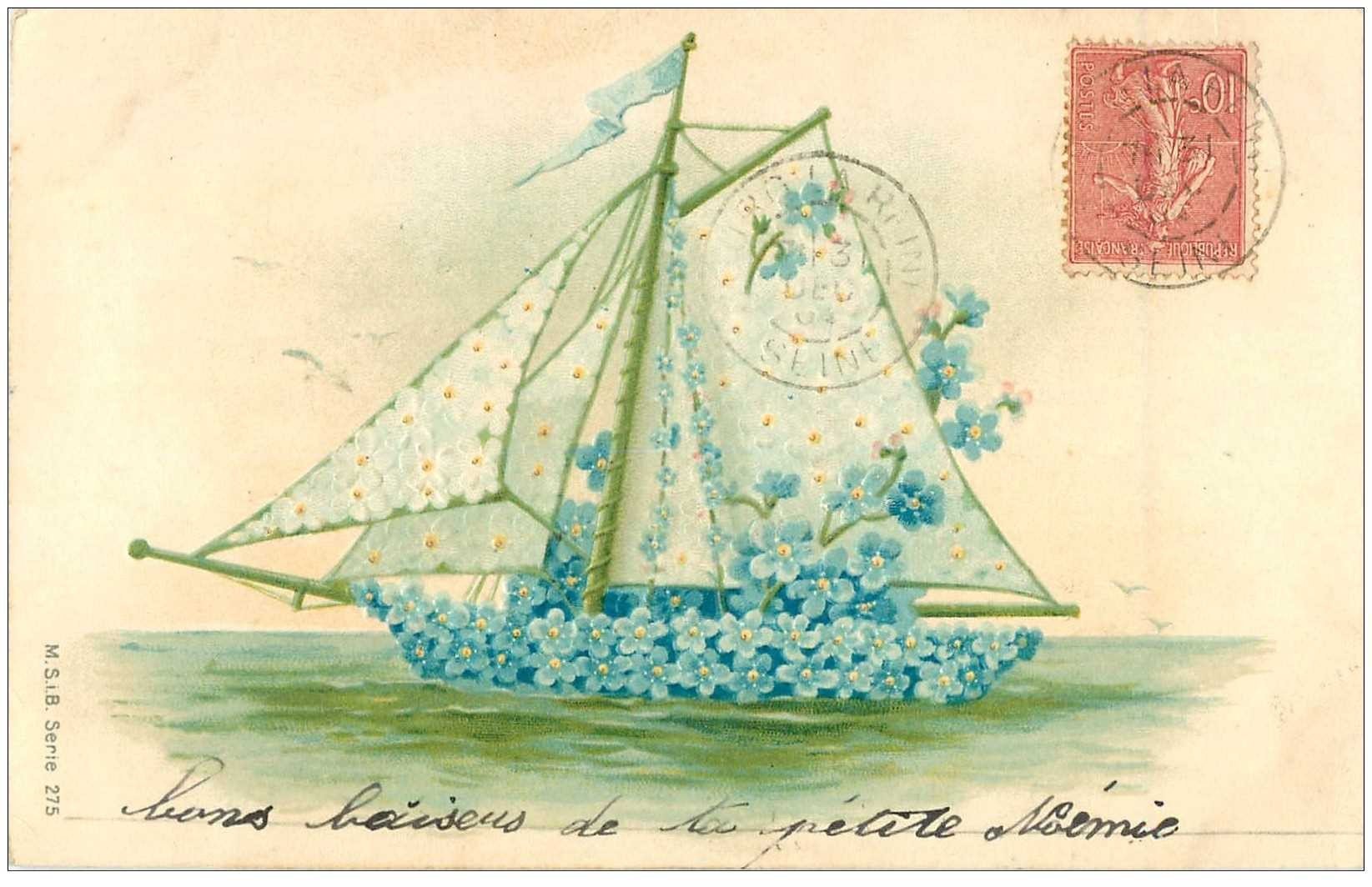 carte postale ancienne FLEURS. Superbe bateau fait de Fleurs 1904 finement gauffrée