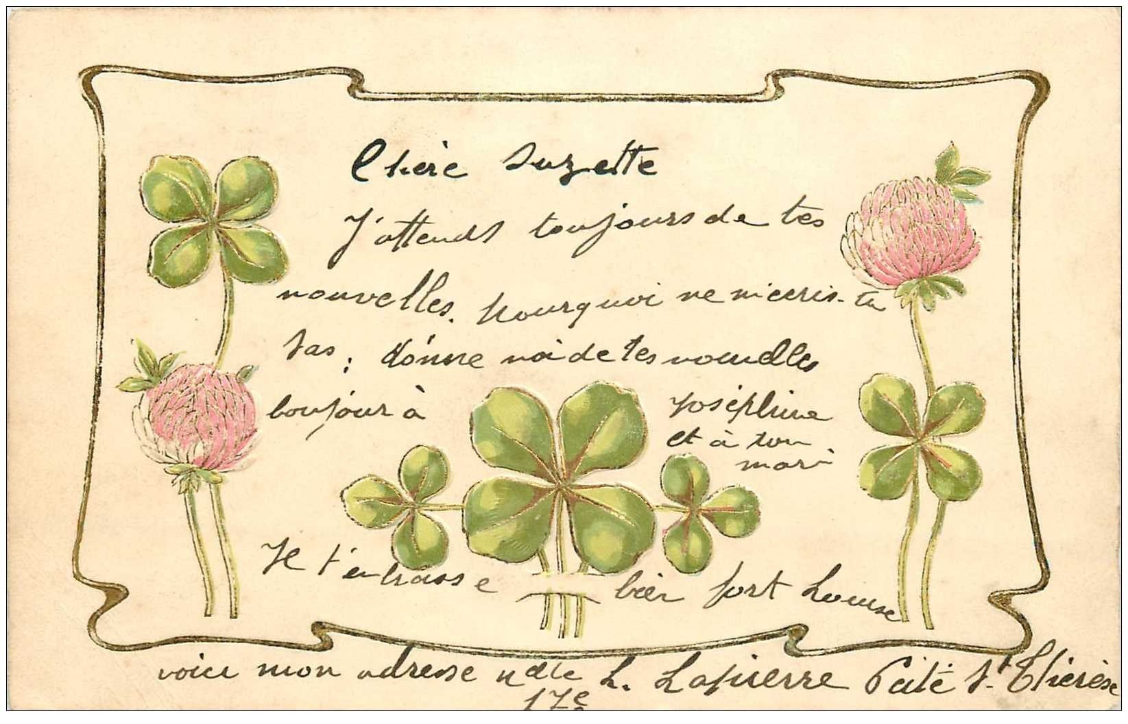 carte postale ancienne FLEURS. Trèfles à quatre feuilles pour Paris 1904
