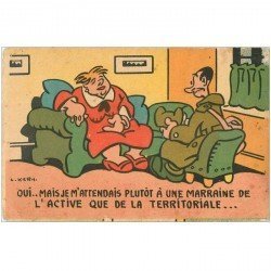 carte postale ancienne HUMOUR. Le Soldat Poilu en permission et sa Marraine