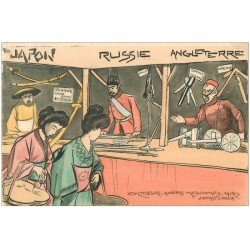 carte postale ancienne HUMOUR. Vendeurs d'armes Japon Russie et Angleterre