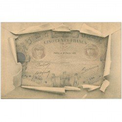 carte postale ancienne FANTAISIE. Carte montage avec éclatement d'une enveloppe sur un Billet de 500 Francs vers 1900