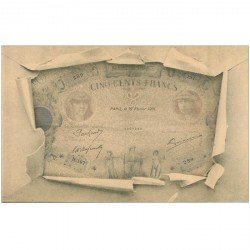 carte postale ancienne FANTAISIE. Carte montage avec éclatement d'une enveloppe sur un Billet de 500 Francs vers 1900