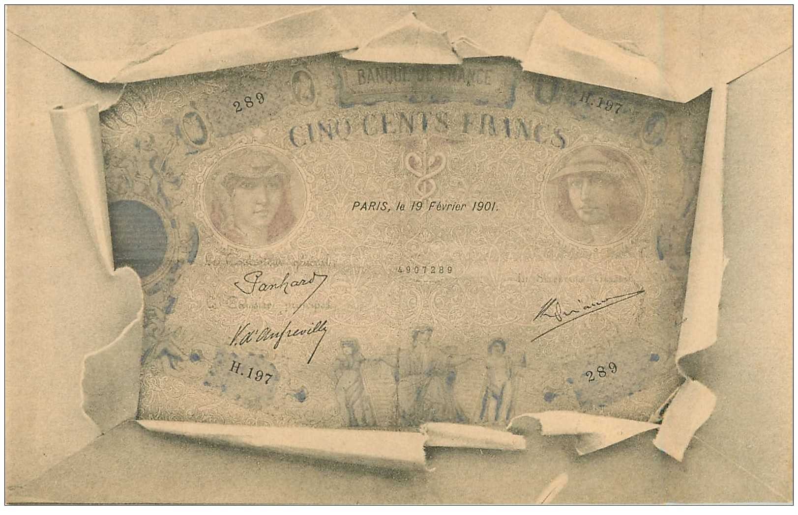 FANTAISIE. Carte montage avec éclatement d'une enveloppe sur un Billet de 500 Francs vers 1900