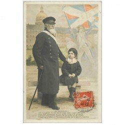 carte postale ancienne AU DRAPEAU. Vétéran Militaire et écolier 1911. Révolutionnaire en surimpression...