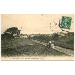 carte postale ancienne 14 VILLERVILLE. Le Calvaire avec animation. Timbre Taxe 1908