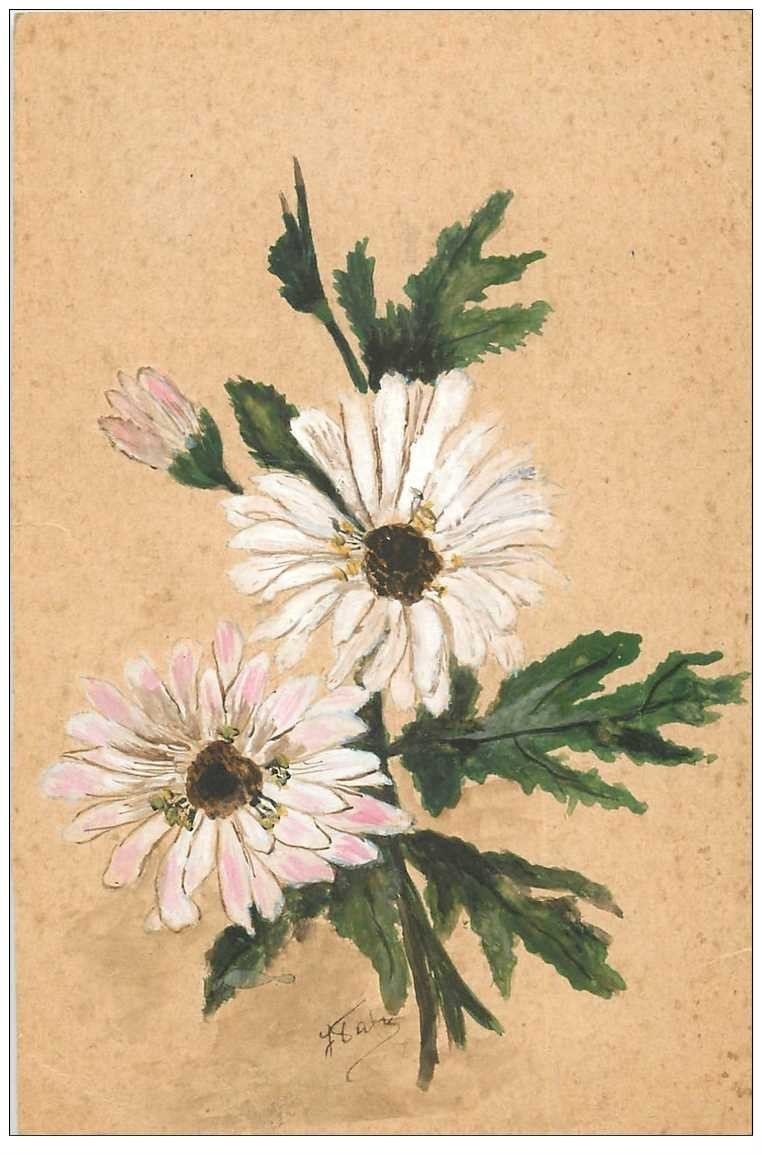 Carte Fleurs marguerites peintes à la main avec signature 1939
