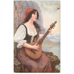 carte postale ancienne MUSIQUE ET MUSICIENS. La joueuse de Mandoline par Hortense Richard