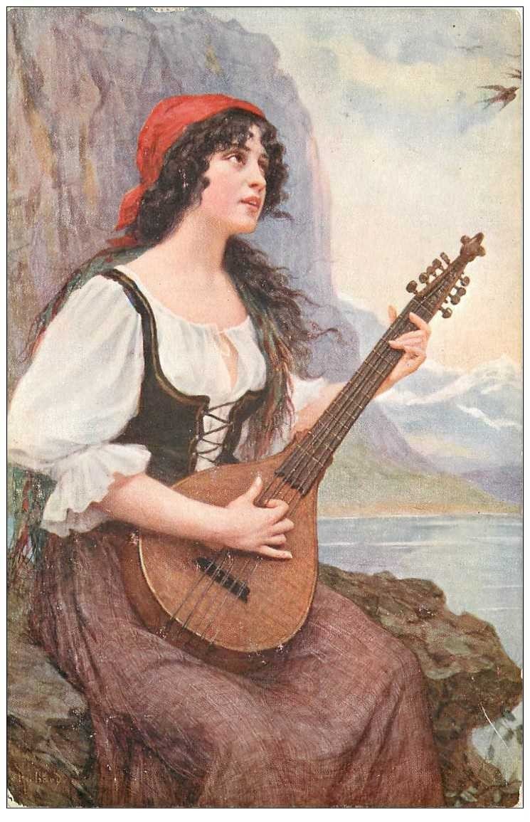 carte postale ancienne MUSIQUE ET MUSICIENS. La joueuse de Mandoline par Hortense Richard