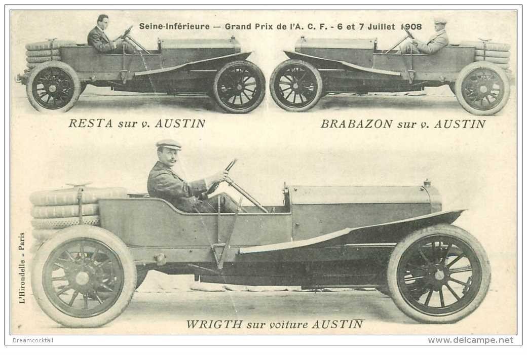 carte postale ancienne TRANSPORTS. Resta, Brabazon et Wrigth sur voiture Austin. Grand Prix 1908