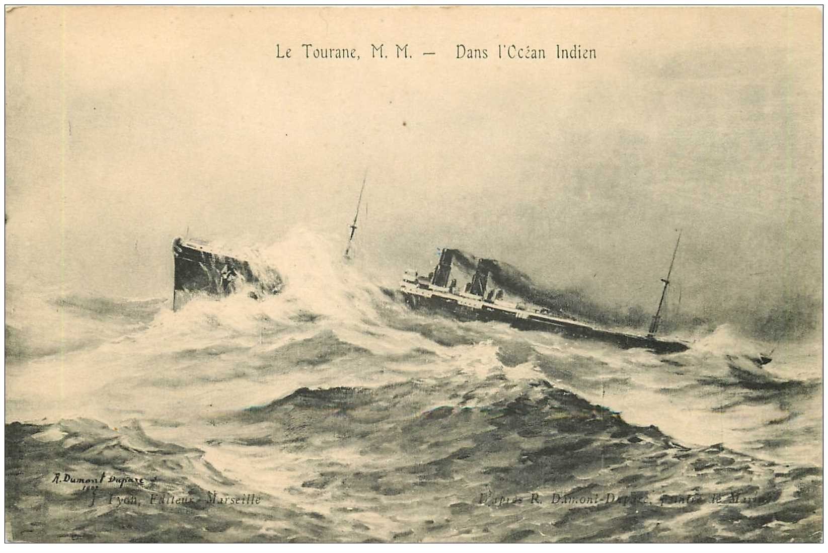 carte postale ancienne TRANSPORTS. La Tourane dans Océan Indien. Bateaux et Navires Paquebot