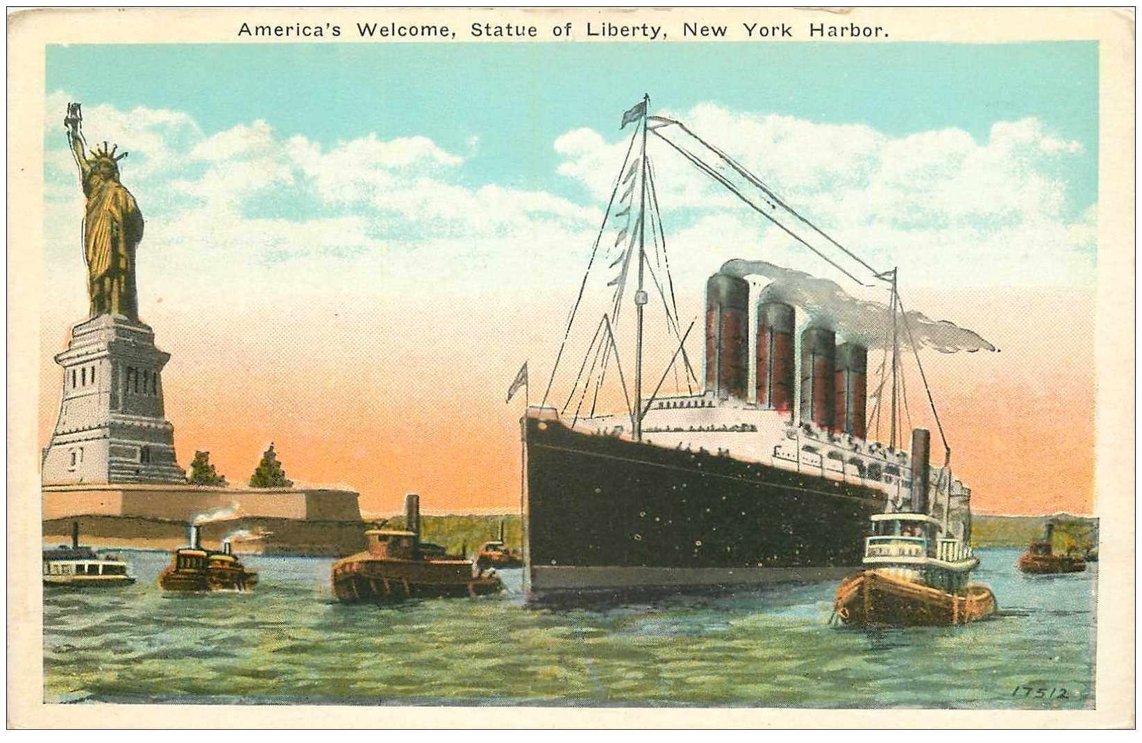 carte postale ancienne TRANSPORTS. Navires et Bateaux. America Welcome Statue of Liberty New York Harbor