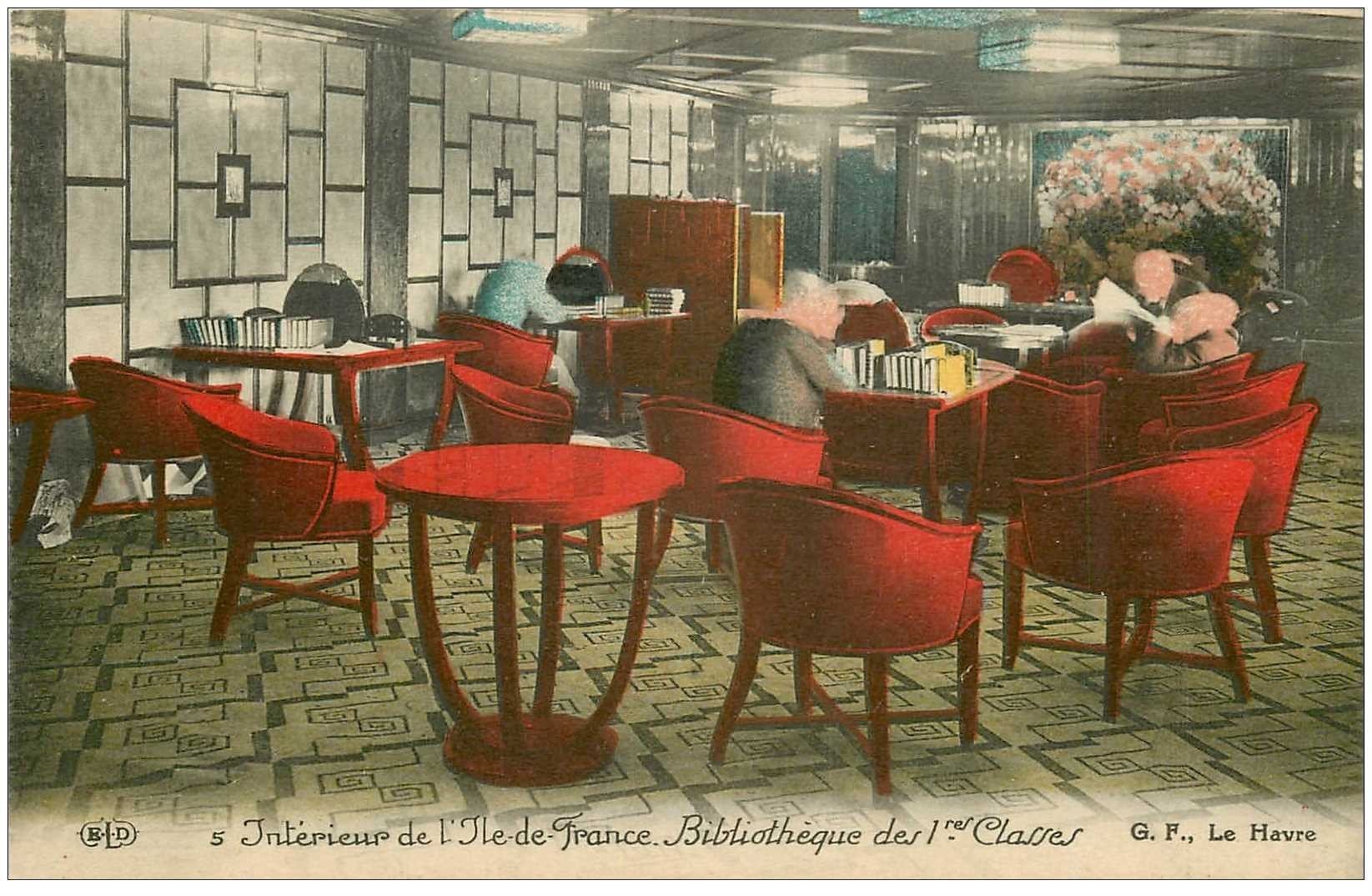 carte postale ancienne TRANSPORTS. Navires et Bateaux. Paquebot Ile de France Bibliothèque