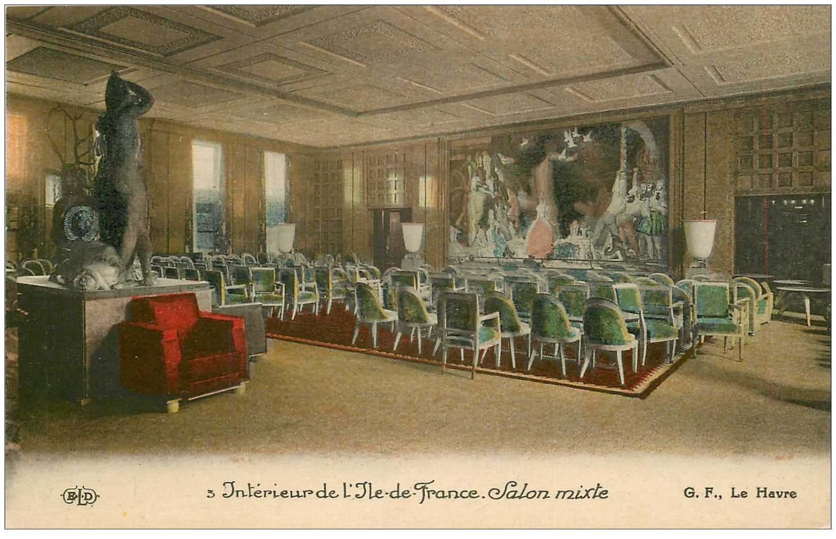 carte postale ancienne TRANSPORTS. Navires et Bateaux. Paquebot Ile de France Salon mixte