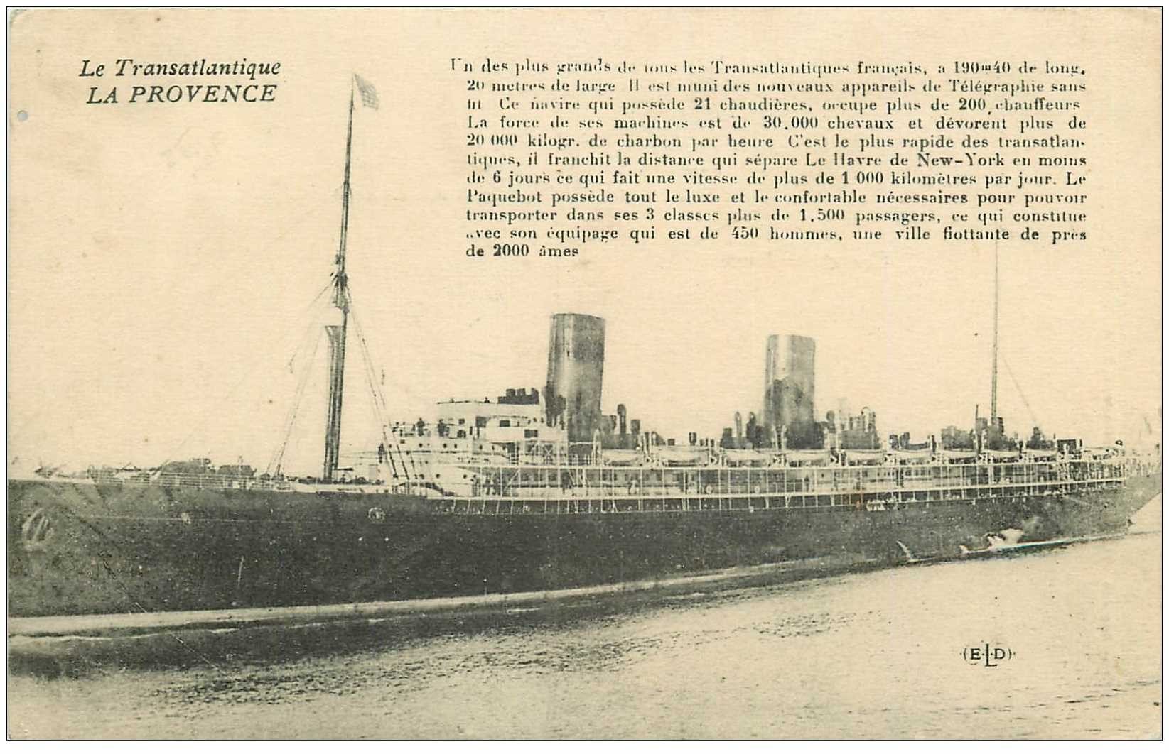 carte postale ancienne TRANSPORTS. Navires et Bateaux. Paquebot La Provence
