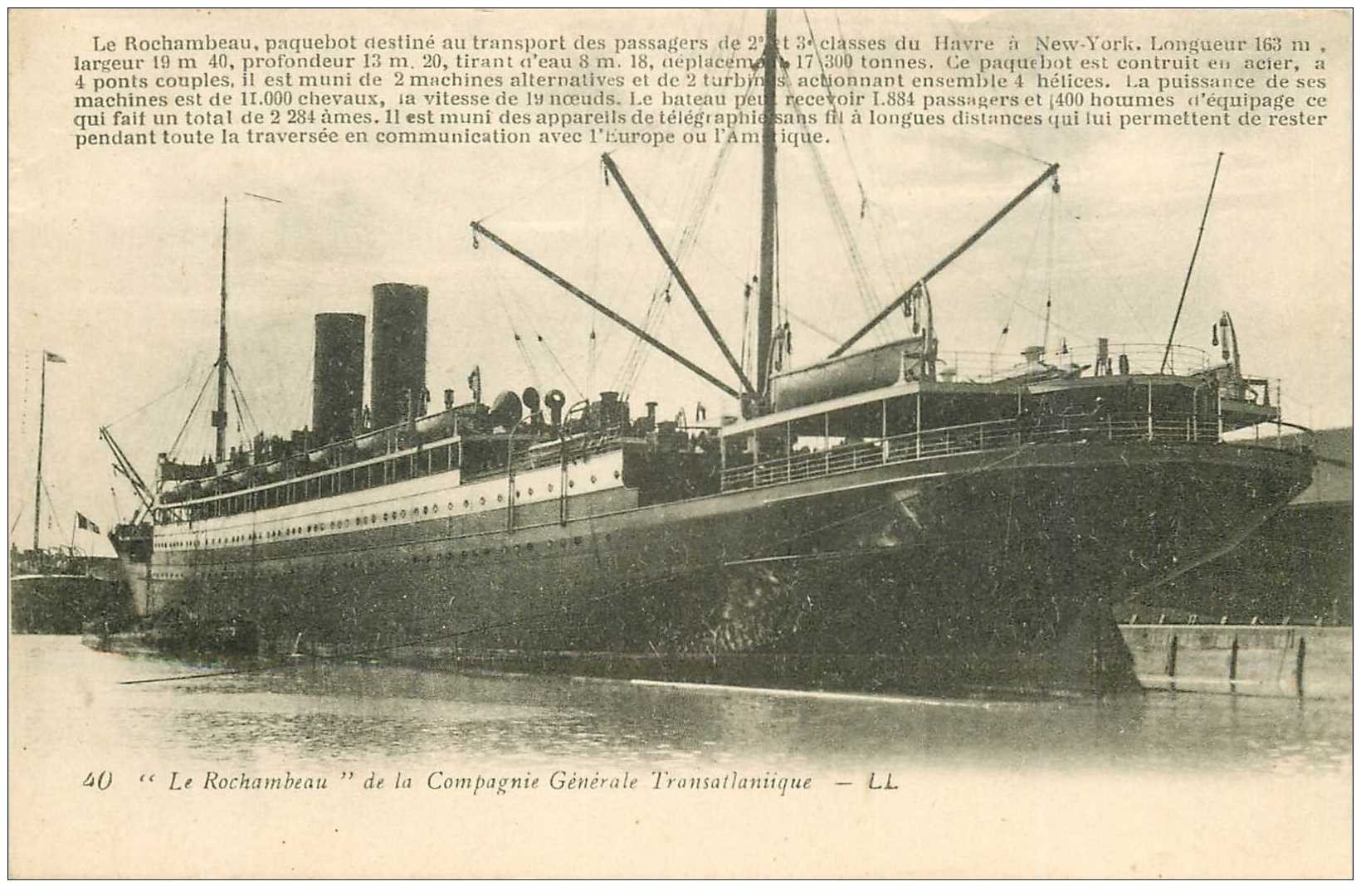 carte postale ancienne TRANSPORTS. Navires et Bateaux. Paquebot Le Rochambeau 1923