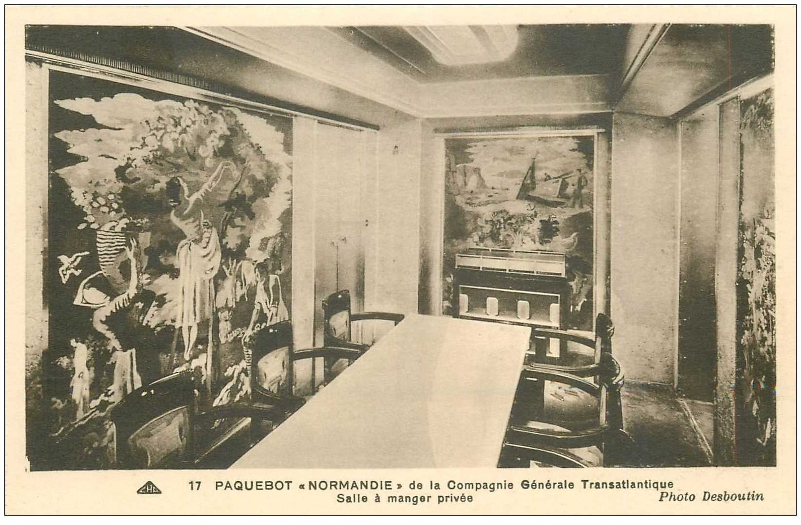 carte postale ancienne TRANSPORTS. Navires et Bateaux. Paquebot Normandie Salle à Manger privée