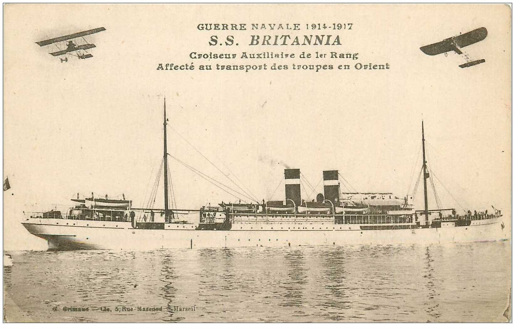 carte postale ancienne TRANSPORTS. Navires et Bateaux. S.S Britania Croiseur transport Troupes en Orient 1917