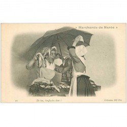 carte postale ancienne METIERS. La Marchande de Marée Poissonnière. Eh ben bouffez les donc ! Chocolat Dufresne