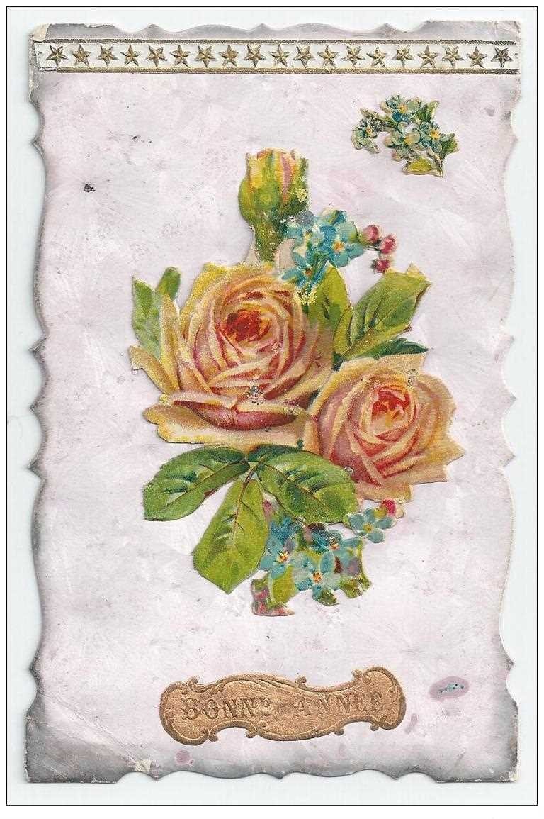 Carte Fantaisie à système. Fleur Roses mobiles et bonne Année en rajoutis 1910