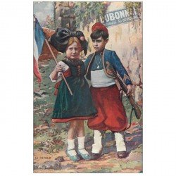 carte postale ancienne PUBLICITE DUBONNET. Jeune Alsacienne et Tirailleur Zouave. Tampon militaire 1915