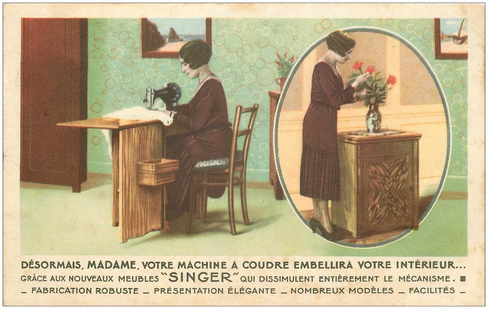 PUBLICITE SINGER. Femme découvrant une des premières machine à coudre avec son meuble