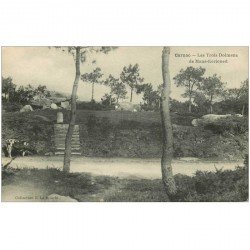 carte postale ancienne Dolmens et Menhirs. CARNAC. Les Trois Dolmens de Mané Kerioned avec Vache