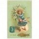 carte postale ancienne FETE 1er AVRIL. Enfant et Poisson. Carte gaufrée et dorures 1908