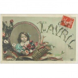 carte postale ancienne FETE 1er AVRIL. Fillette et Poissons 1910