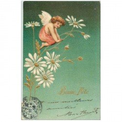carte postale ancienne NOEL. Bonne Fête. Fleurs 1906 et Angelot gaufrée