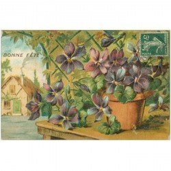 carte postale ancienne NOEL. Bonne Fête. Fleurs 1908 gaufrée