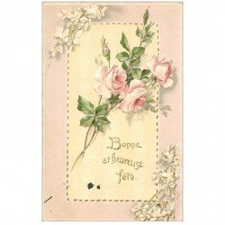 carte postale ancienne NOEL. Bonne Fête. Fleurs Roses 1906 gaufrée