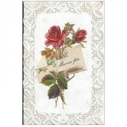 carte postale ancienne NOEL. Bonne Fête. Superbe carte Fantaisie bouquet de Roses en ajout sur papier dentelé