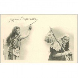 carte postale ancienne NOUVEL AN. Adieu Vieille Femme 1901 et Jeune Fille qui apporte l'espérance 1902 par Bergeret