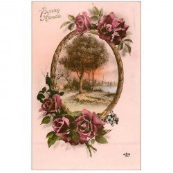 carte postale ancienne NOUVEL AN. Bonne Année carte émaillographie 1942 Paysage et Fleurs