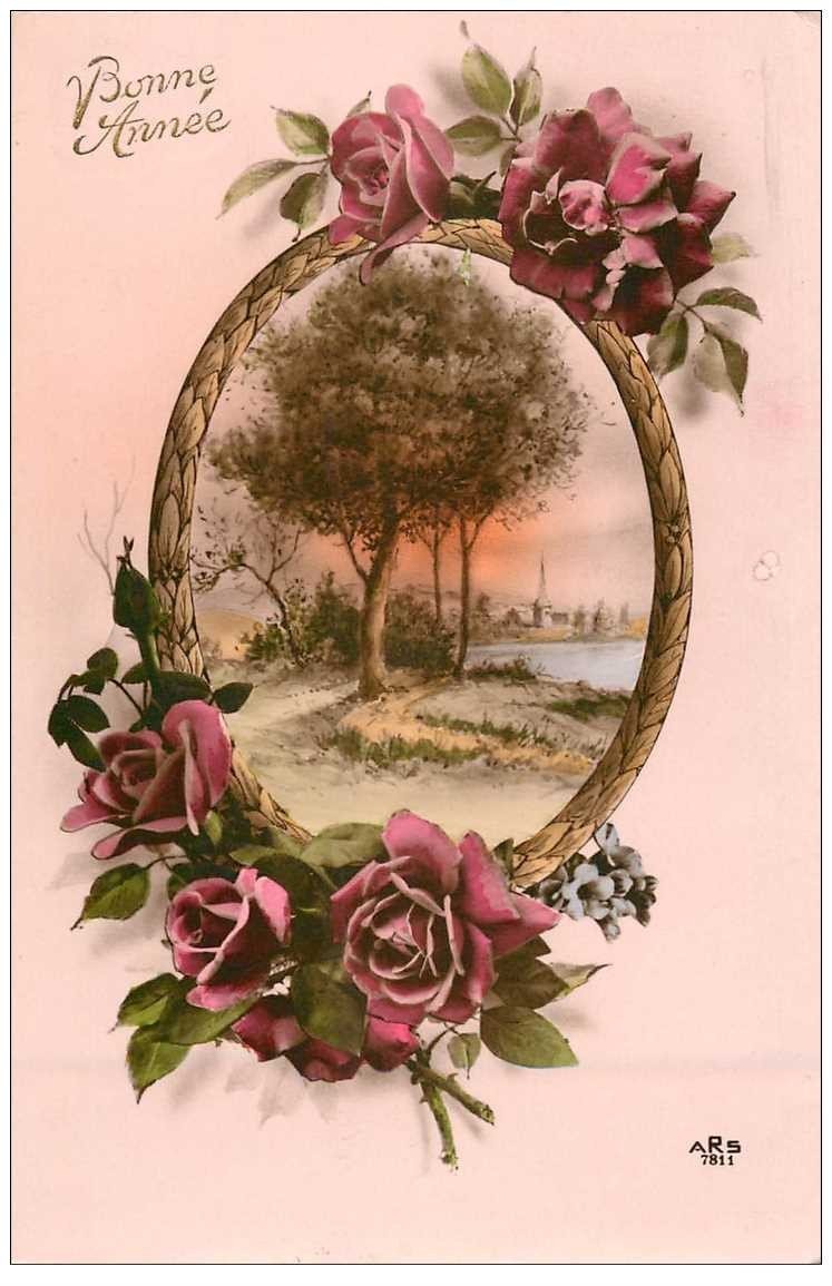 Nouvel An Bonne Annee Carte Emaillographie 1942 Paysage Et Fleurs