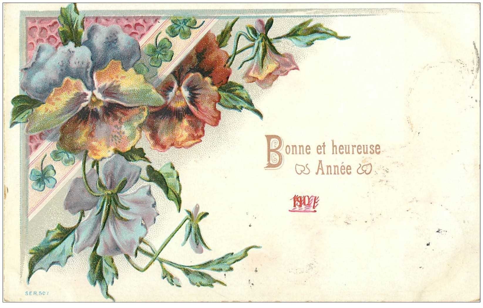 NOUVEL AN. Bonne Année carte gaufrée Fleurs 1907