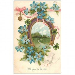 carte postale ancienne NOUVEL AN. Bonne Année carte gaufrée Fleurs Colombe et Fer à Cheval 1906