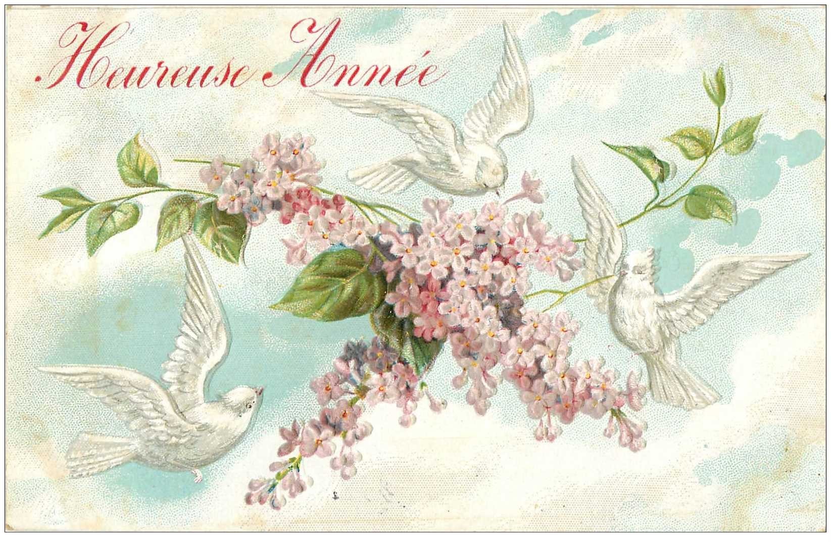 NOUVEL AN Bonne Ann e Carte Gaufr e Fleurs Et Colombes