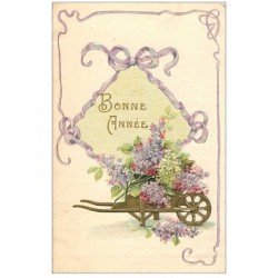 carte postale ancienne NOUVEL AN. Bonne Année carte gaufrée Fleurs Lilas sur brouette 1908