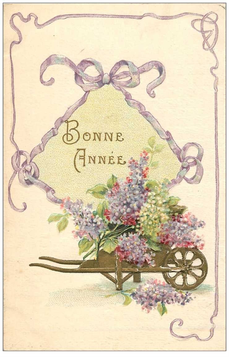 Nouvel An Bonne Annee Carte Gaufree Fleurs Lilas Sur Brouette 1908 Nouvel An Bonne Annee Carte Gaufree Fleurs Lilas Sur Brouette 1908
