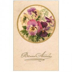 carte postale ancienne NOUVEL AN. Bonne Année carte gaufrée Fleurs Pensées liseré Or 1934